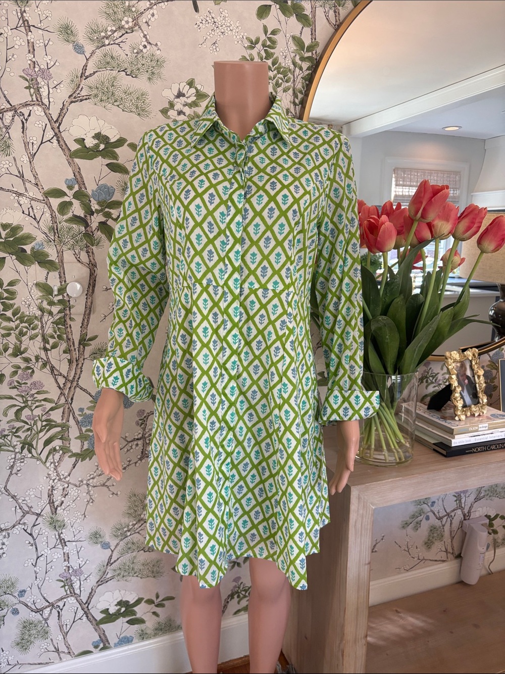 Green Geometric Mini Shirt Dress - Women's Dress